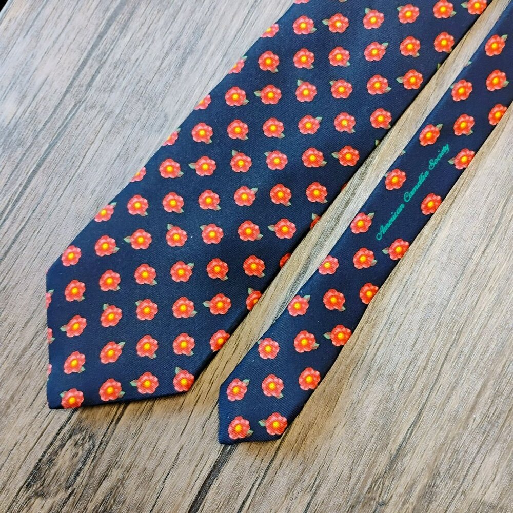 American Camellia Society Silk Tie By Cedric Brochier Soieries, Vintage Floral